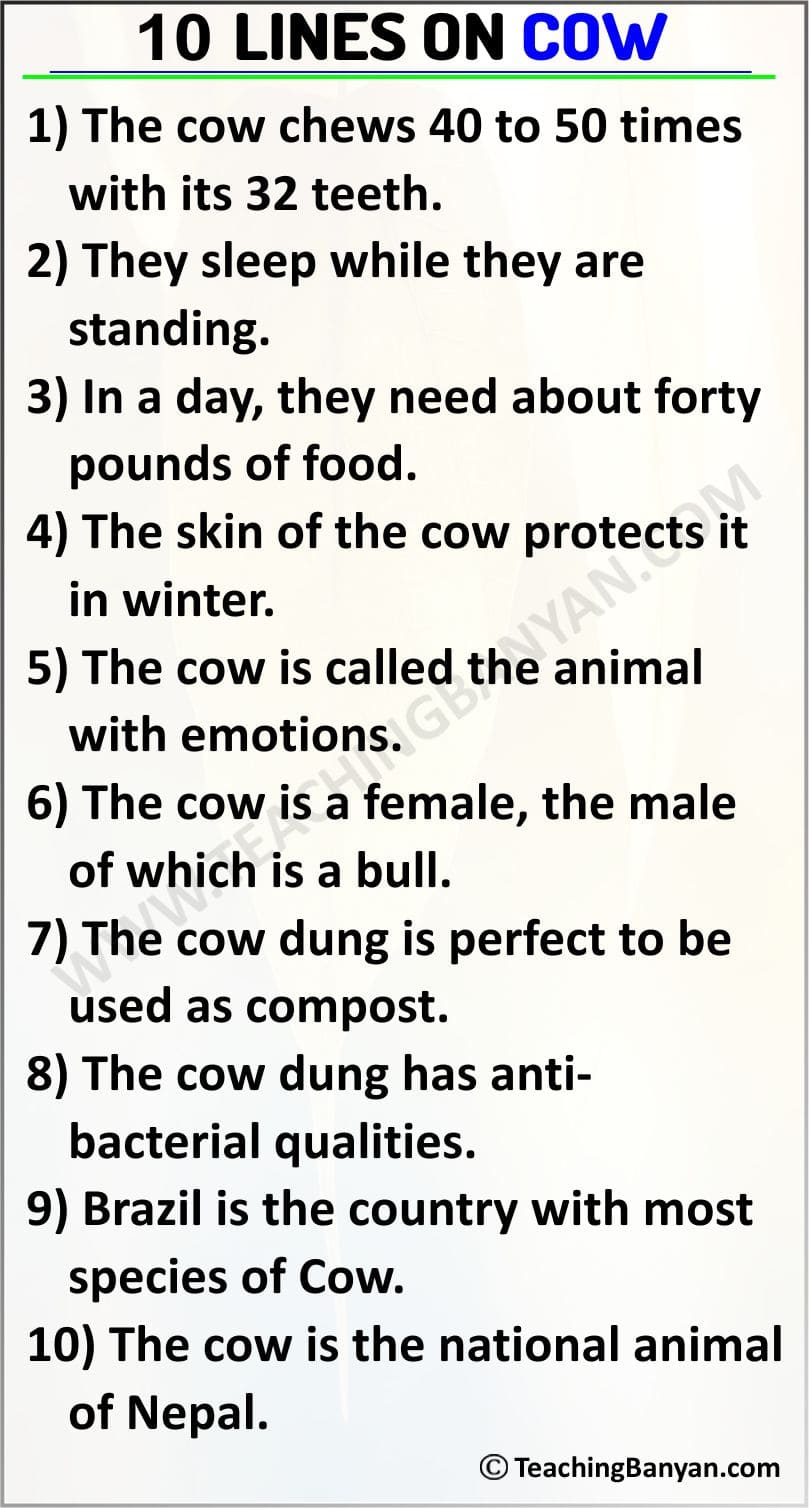 10 Lines on Cow in English for Children and Students of Class 1, 2, 3, 4,  5, 6