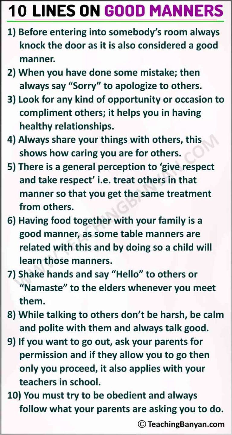 10 lines on good manners for class 2 in english