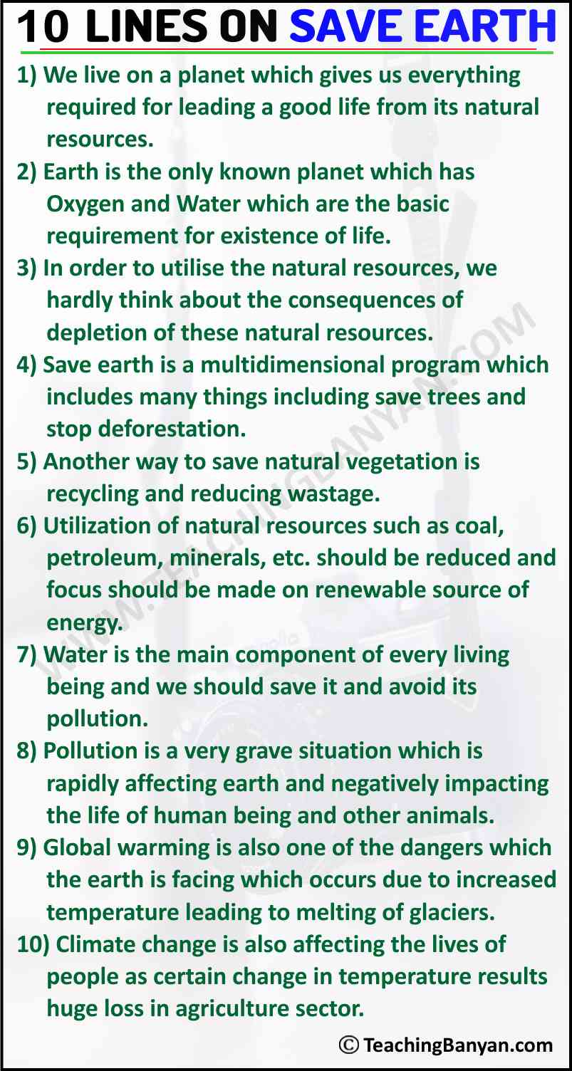 10 Lines on Save Earth in English for Children and Students of Class 1, 2,  3, 4, 5, 6