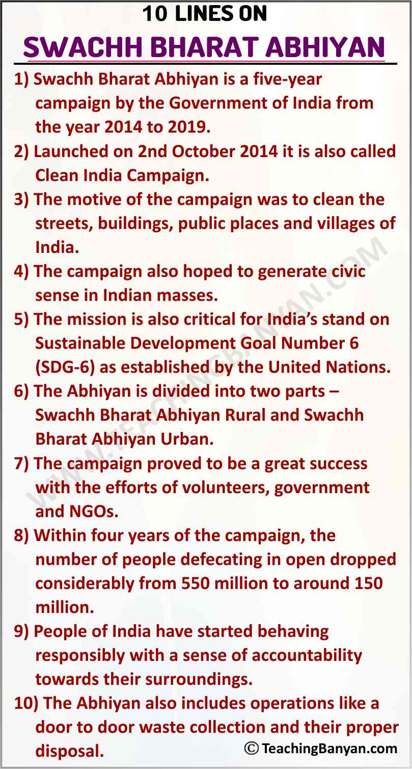 10 Lines on Swachh Bharat Abhiyan for Children and Students