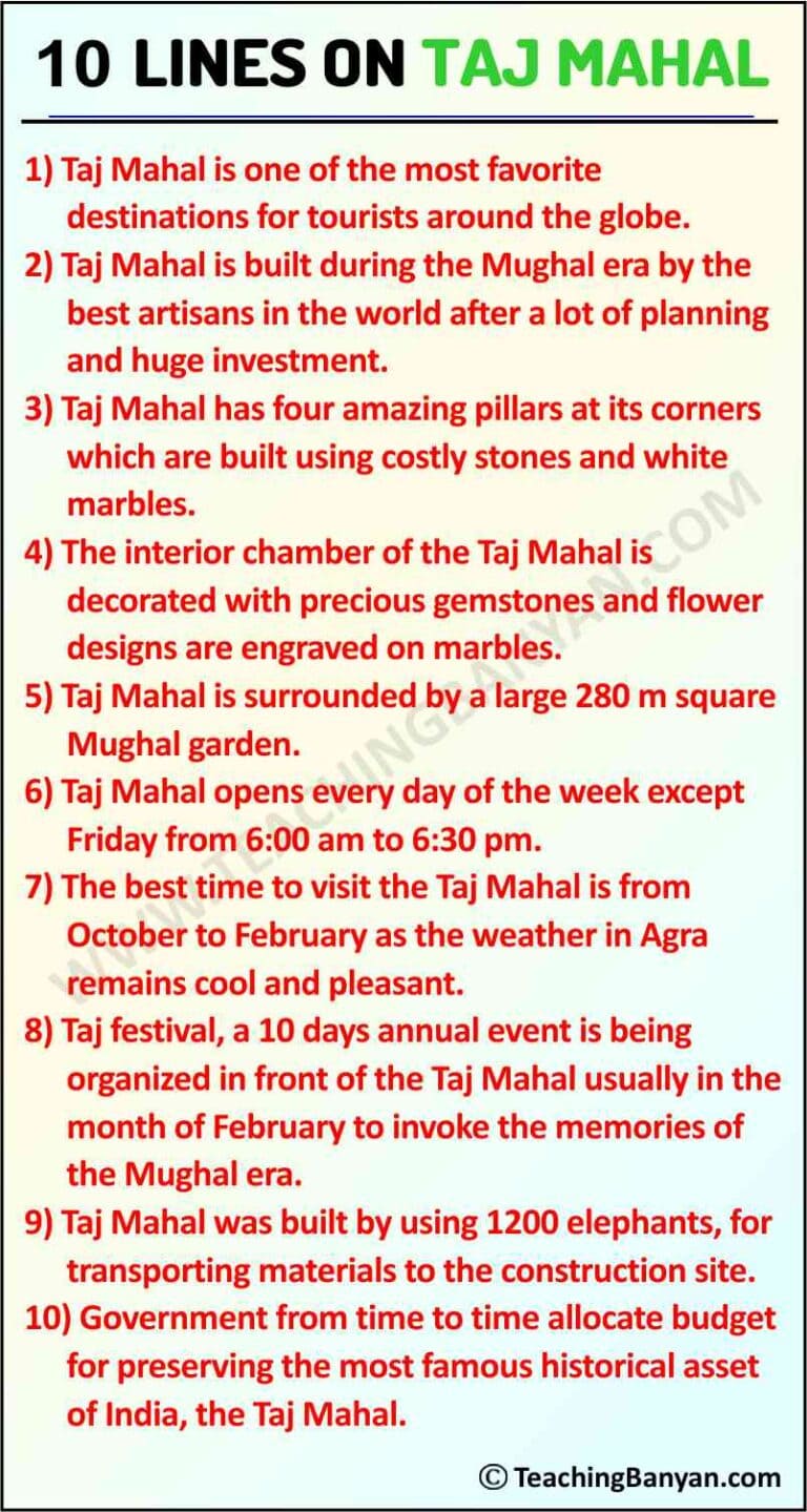 10 Lines On Taj Mahal For Children And Students Of Class 1 2 3 4 5 6