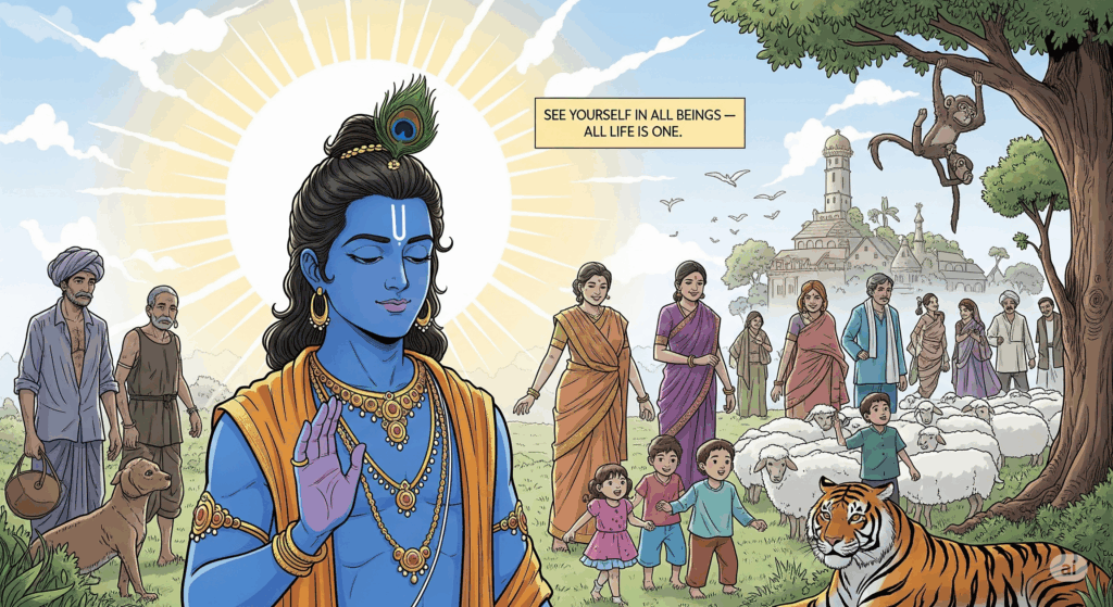 Geeta saar - He who sees all beings in the Self and the Self in all beings, never turns away from it.