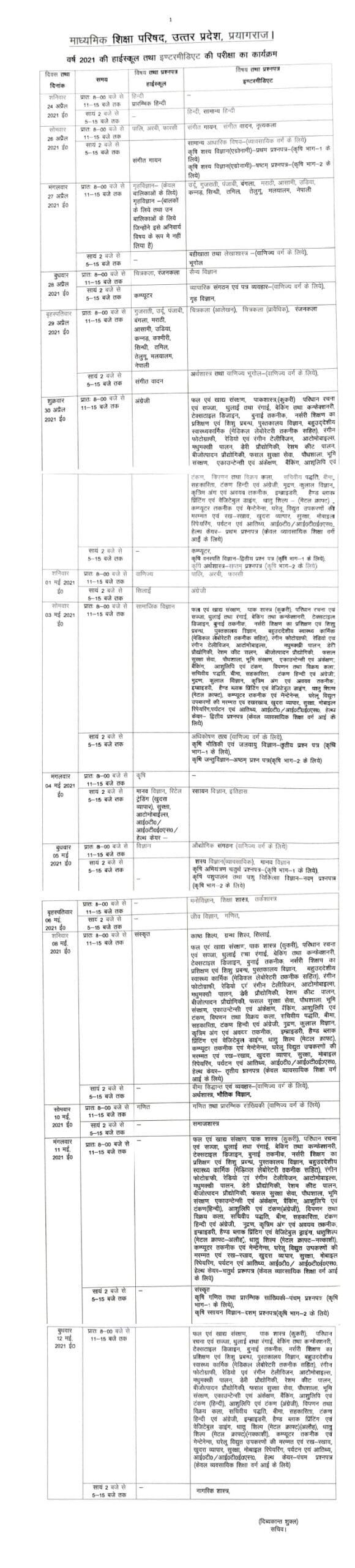 यूपी बोर्ड हाई स्कूल परीक्षा समय सारणी 2021 - UP Board ...